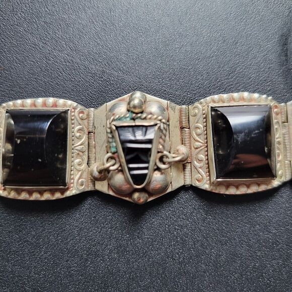 Vintage Aztec Mask Bracelet Black Onyx Alpaca Silver Beautiful 7” made in Mexico - Picture 7 of 16